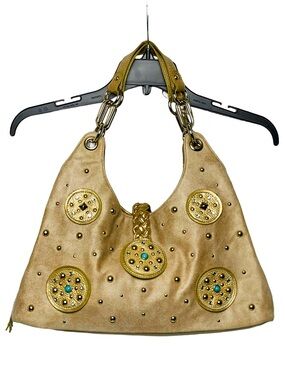 Tan Gold Studded Hobo Bag Turquoise Accents Y2K Boho Lexi Bloom